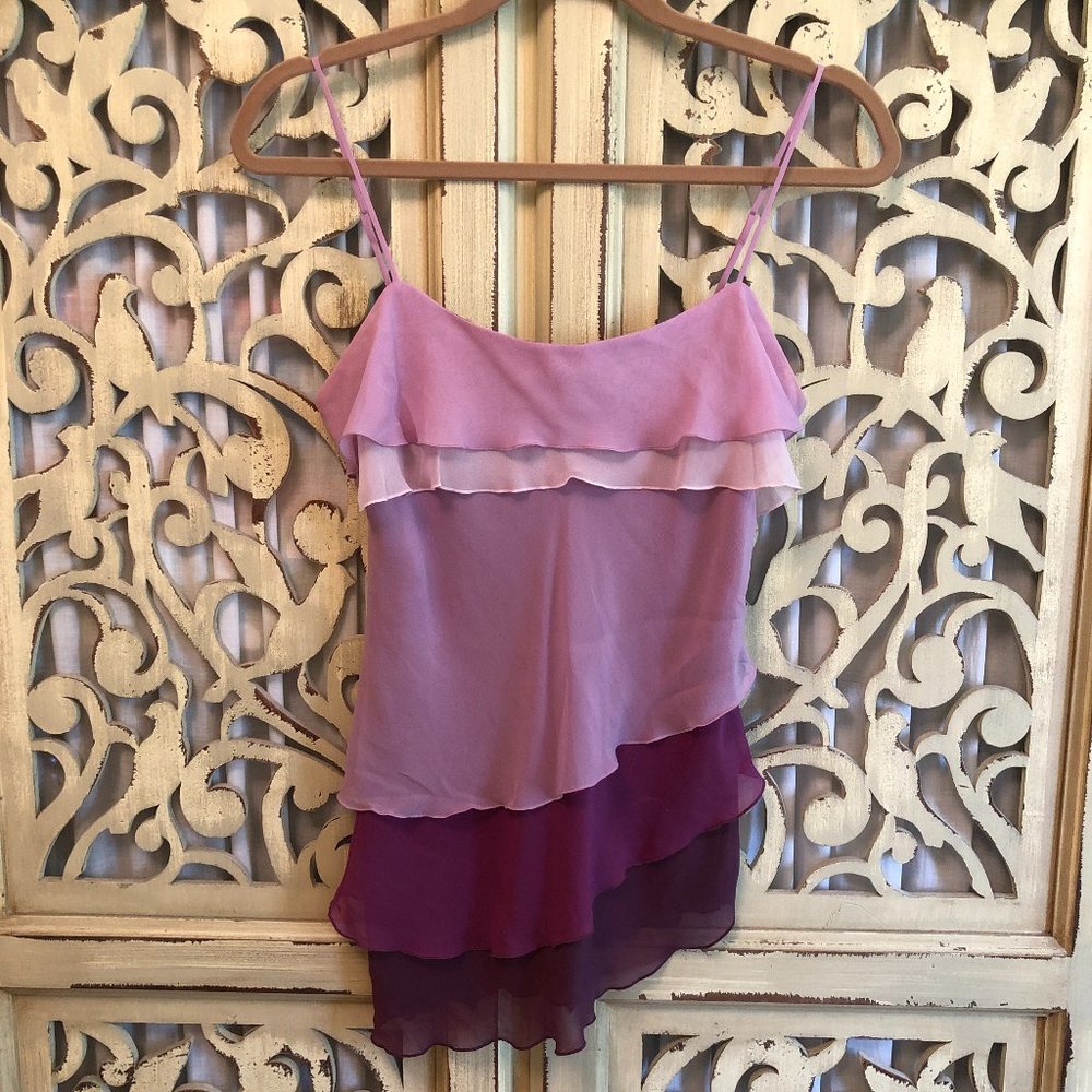 S bebe tiered ruffle chiffon spaghetti purple top